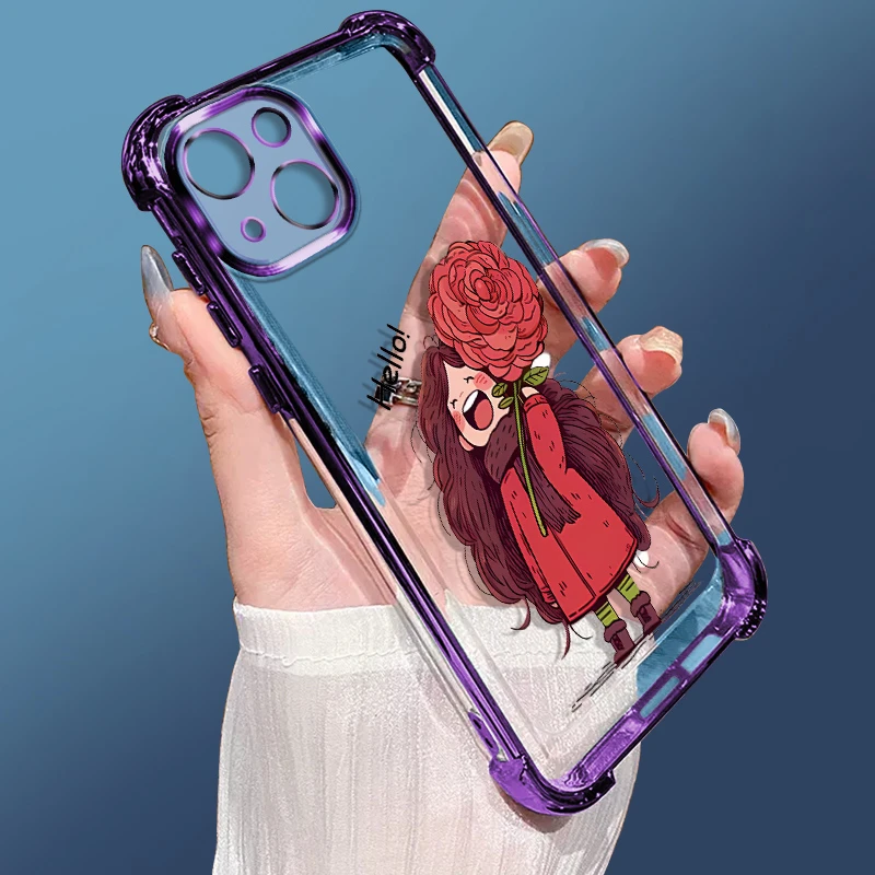 适用苹果15手机壳15Pro电镀15plus大四角15promax透明软红花少女