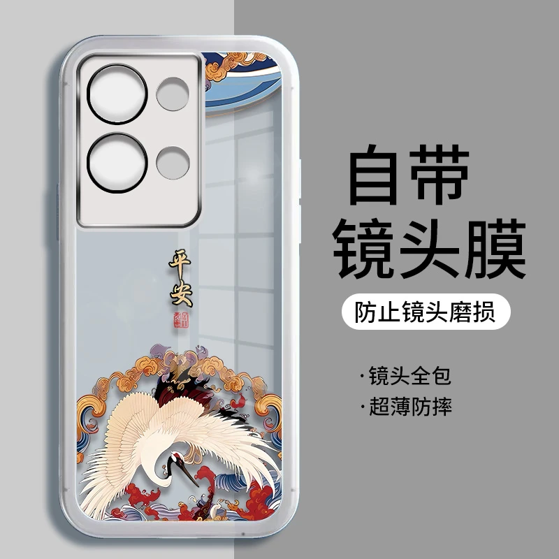 适用OPPOreno8pro+手机壳新款仙鹤自带镜头膜全包防摔保护壳