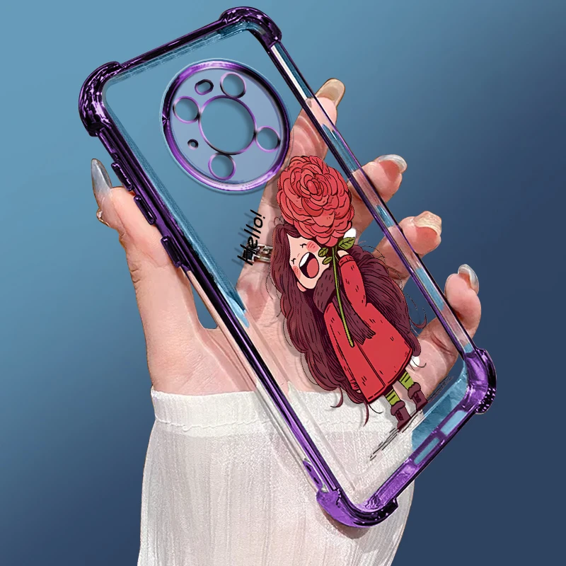 适用华为mate40手机壳mate40pro+电镀四角气囊防摔透明软红花少女