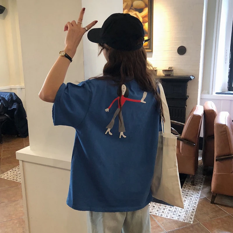 纯棉短袖t恤女宽松学生蓝色上衣夏季新款韩版显瘦小众字母ins潮牌