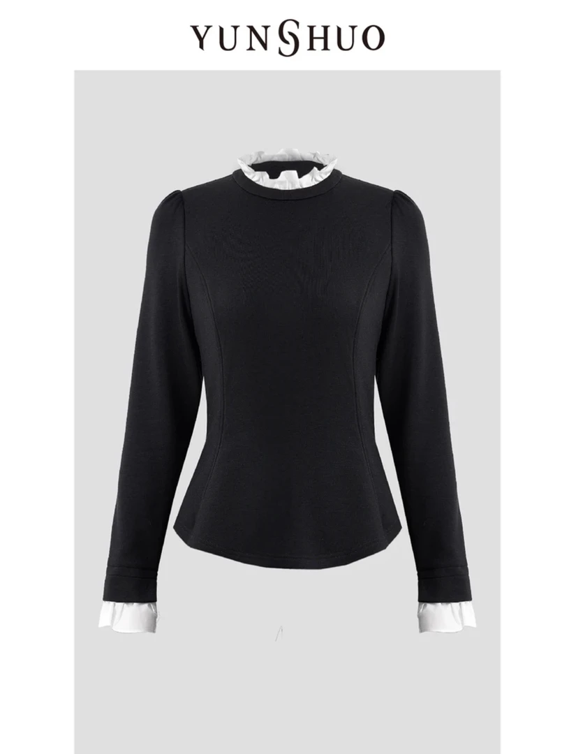 允硕2024冬装新品时尚百搭气质立领木耳边简约女套头衫