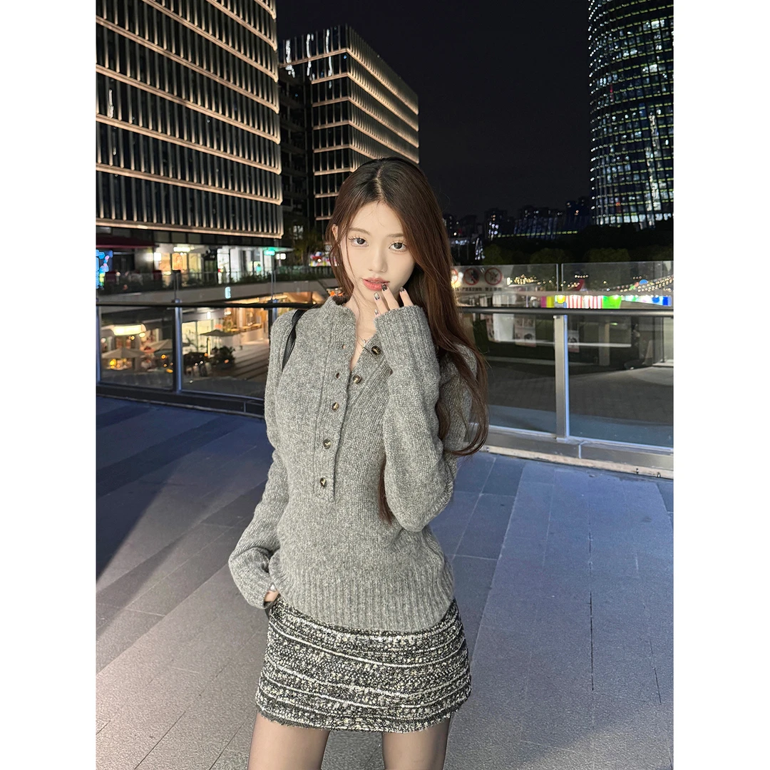 偏爱设计 秋冬亨利衫复古半开襟长袖针织毛衣