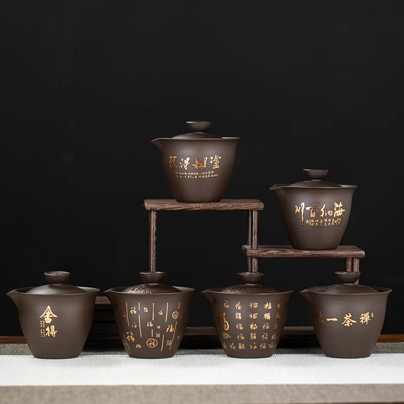 圆洲紫砂烤金手抓壶旅行茶具快客杯便携式收纳包户外车载创意手工
