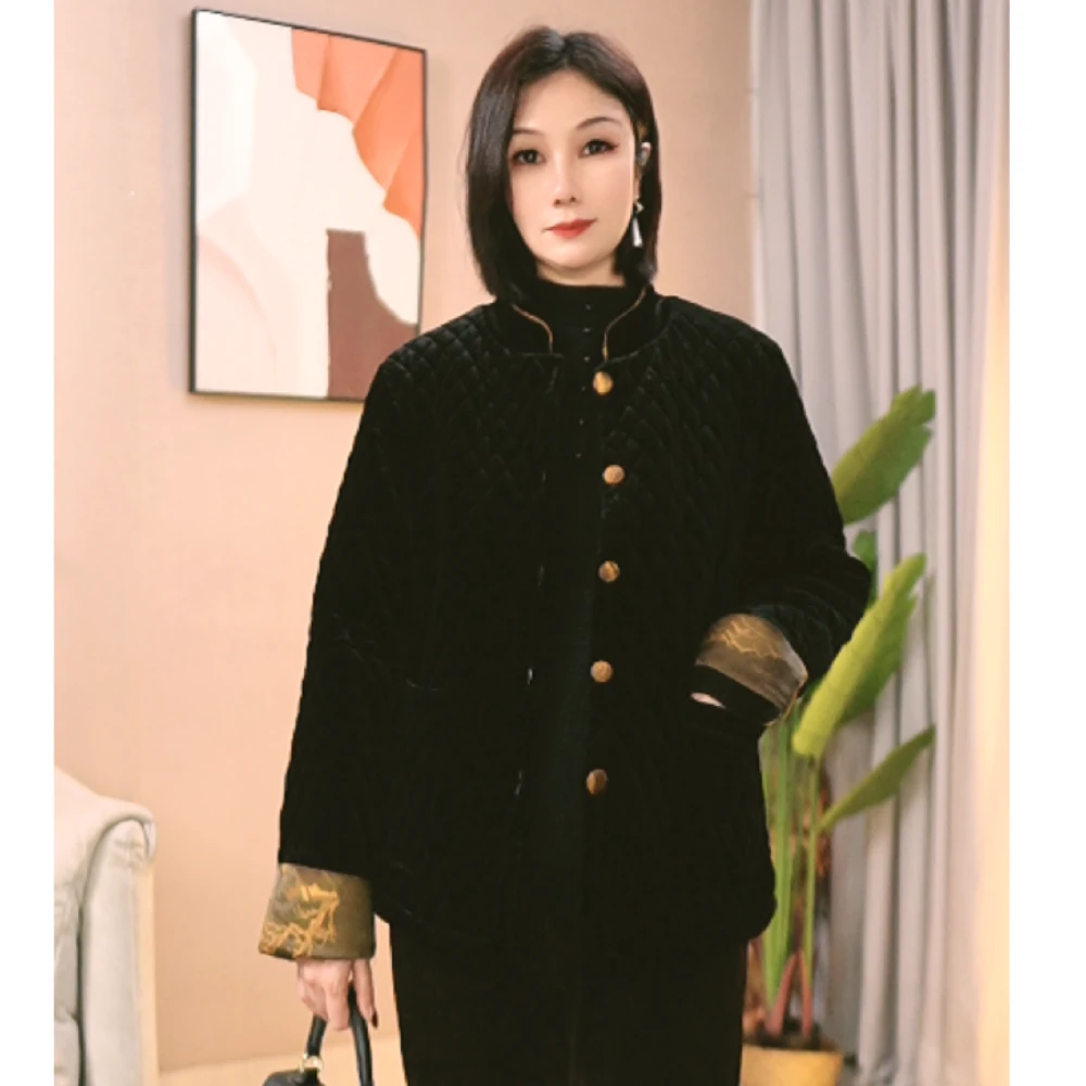 大码女装新中式黑色丝绒外套妈妈装国风立领拼色袖口宽松加厚棉服