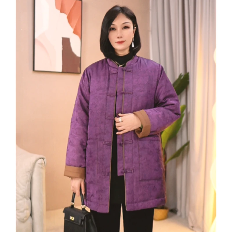 大码妈妈装冬季新款新中式复古立领盘扣棉衣提花夹棉加厚棉服外套