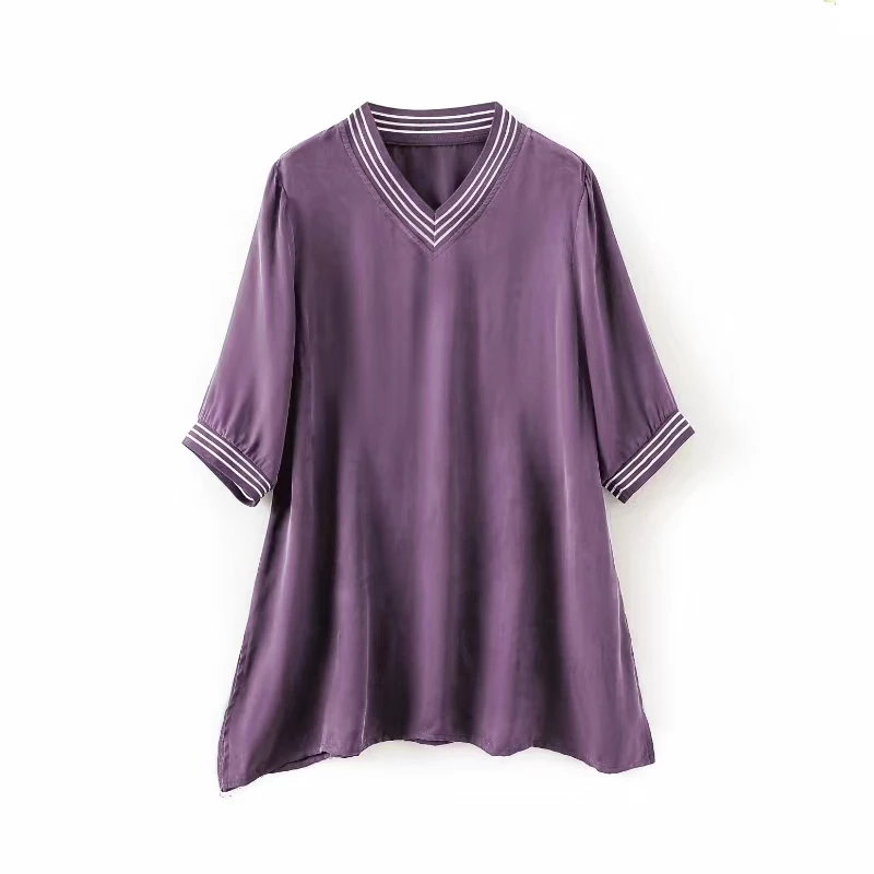 大码女装铜氨丝撞色拼接V领上衣夏季新款休闲宽松时尚短袖妈妈装