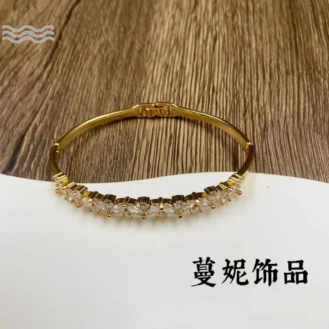 铜合金合成锆石手镯 中古vintage轻奢简约时尚金色锆石开口手镯