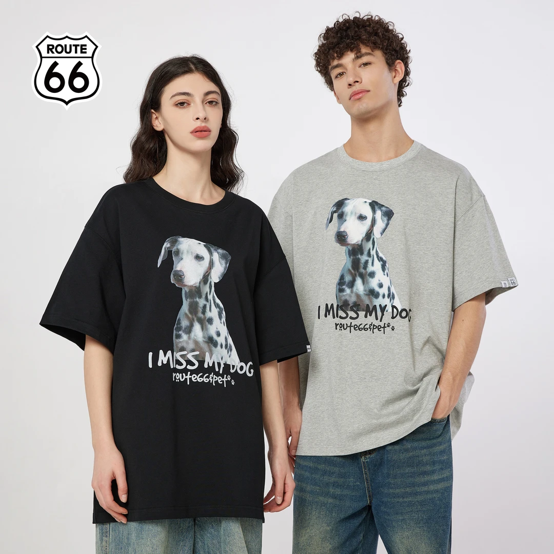 ROUTE66 美式高街斑点狗短袖T恤夏季情侣款宽松潮流百搭上衣