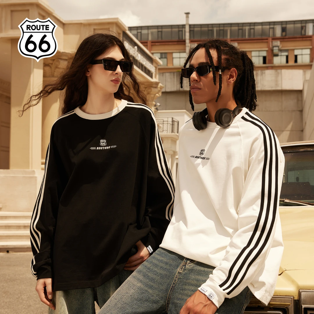 ROUTE66美式复古情侣拼接圆领长袖插肩潮牌时尚卫衣R3D0100308