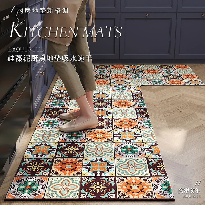 复古厨房专用地垫吸水吸油可擦免洗家用防滑垫L形整块民族地毯