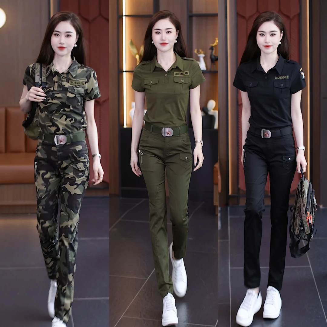 军旅风短袖长裤套装夏季新款显瘦工装T恤薄款POLO领水兵舞休闲服