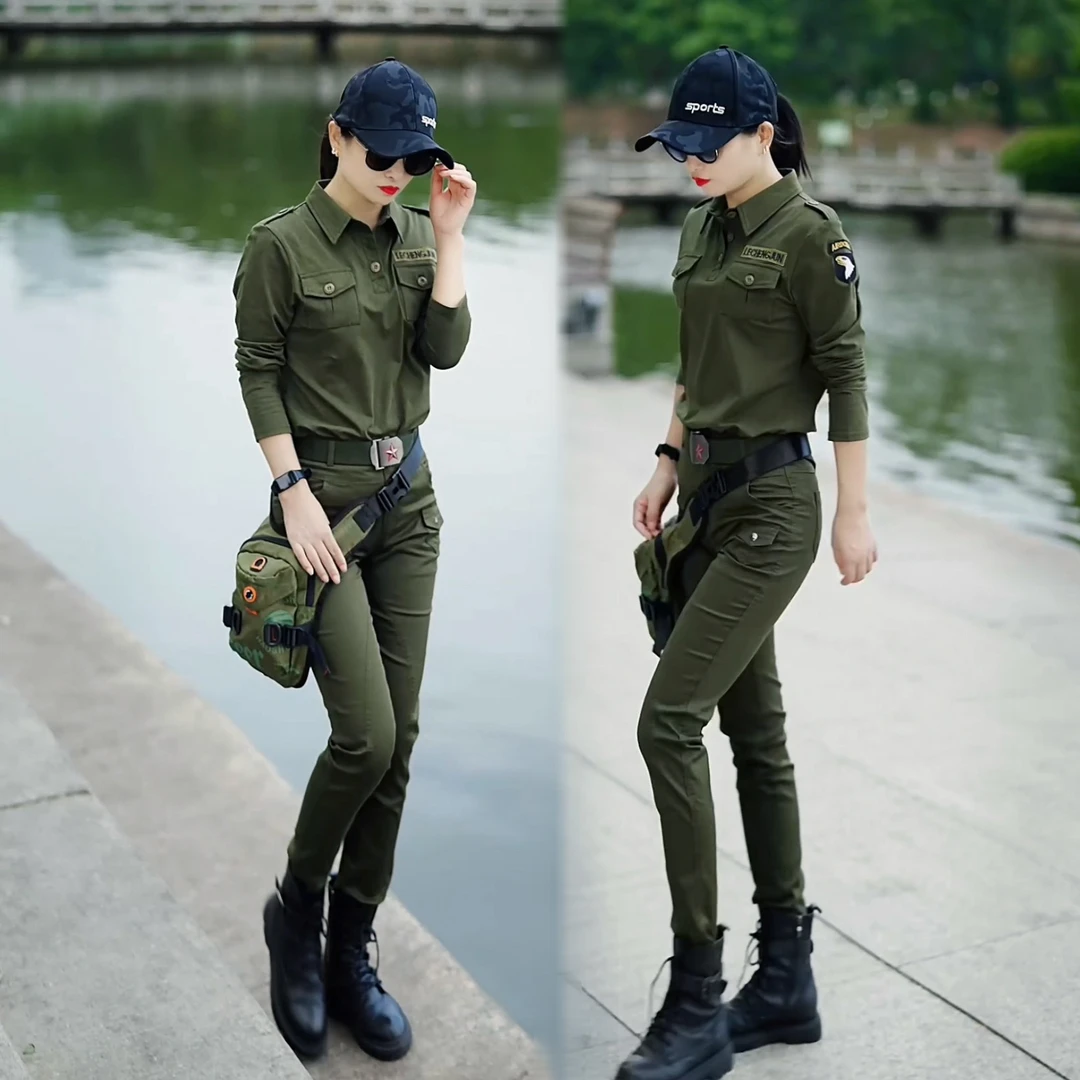 军旅风修身显瘦迷彩套装春秋款长袖长裤时尚衬衣领大码女装两件套