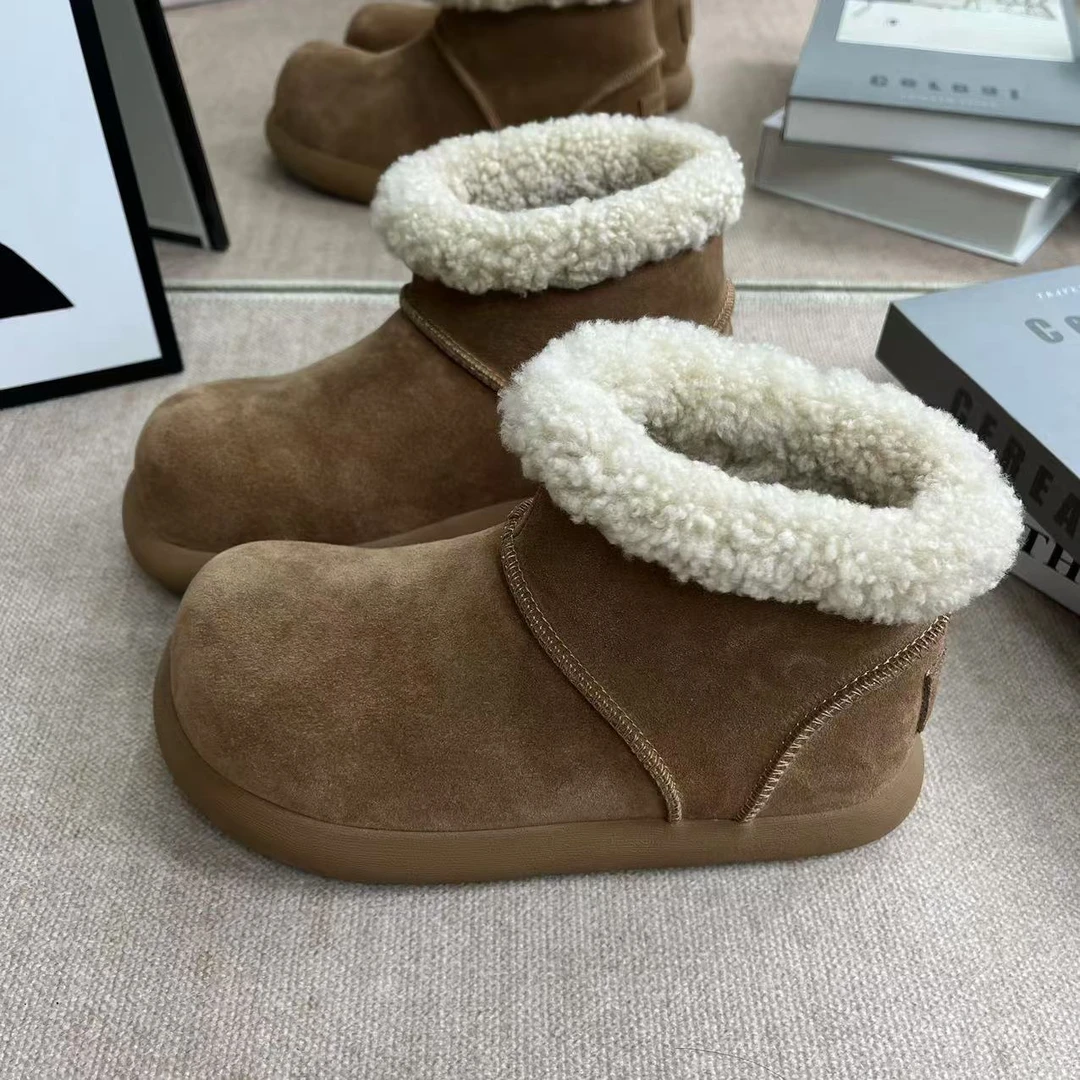 2024冬新款女皮毛一体勃肯小短靴加厚保暖雪地靴复古圆头丑萌短靴