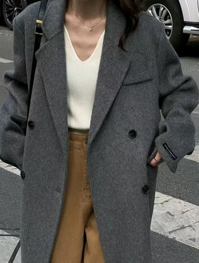 【罗马假日】西装24新款韩版小个子款双面大衣女气质休闲长款毛呢