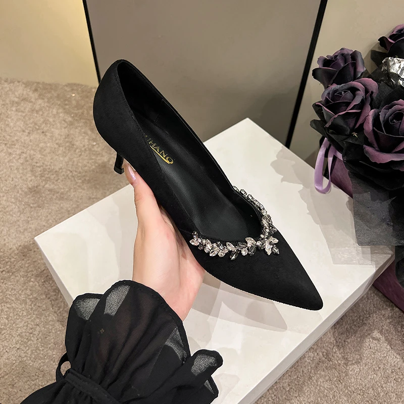 网红3-5公分高跟鞋方扣尖头中跟女鞋低跟百搭黑色气质浅口单鞋子