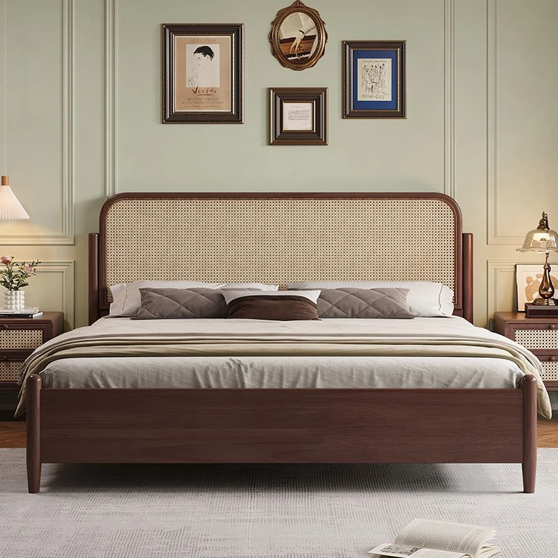 北欧藤编床复古黑色实木床1.8米1.5米双人床主卧中古床家用民宿床