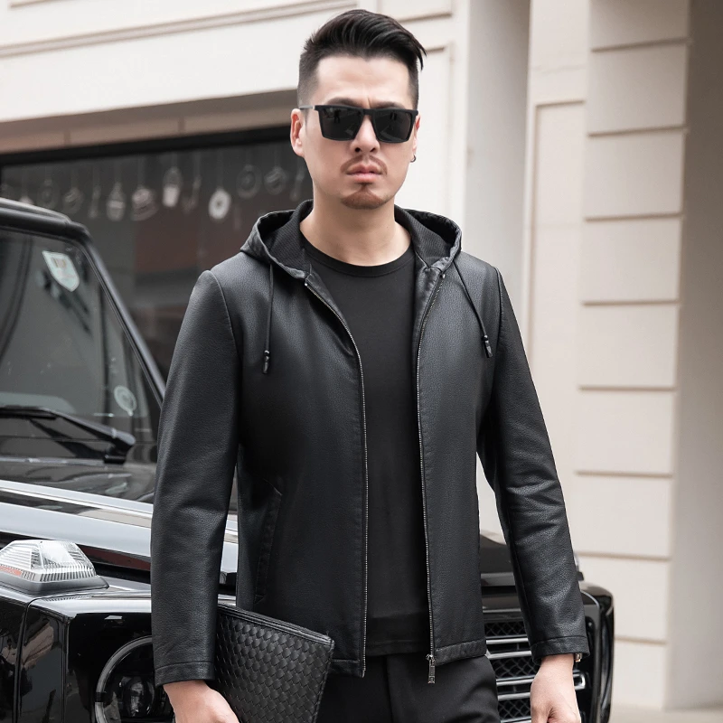 海宁2024春秋新款男士时尚大气连帽皮衣休闲商务中年爸爸可加绒