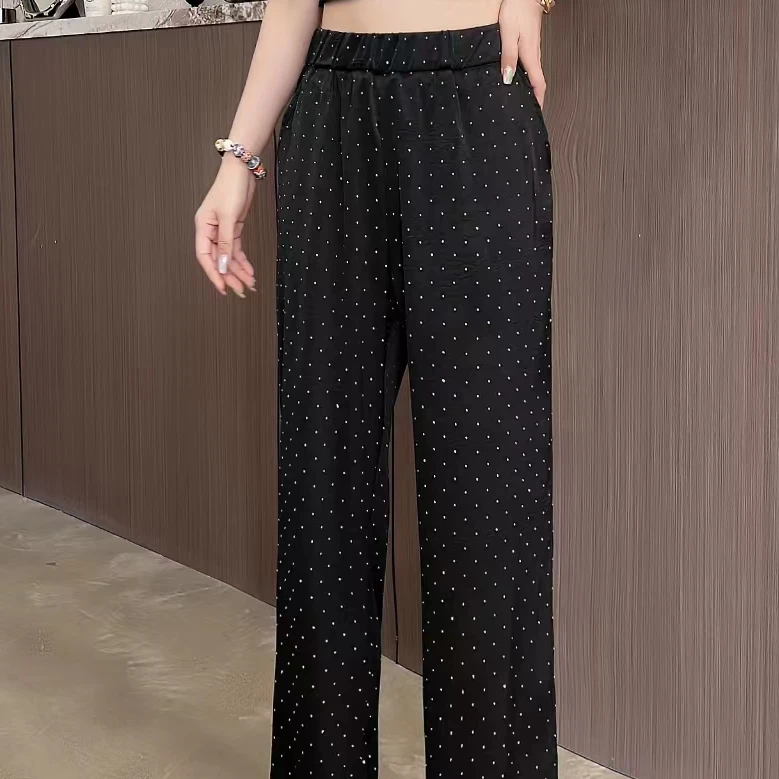 时尚休闲气质宽松直筒显瘦百搭烫钻阔腿裤7838