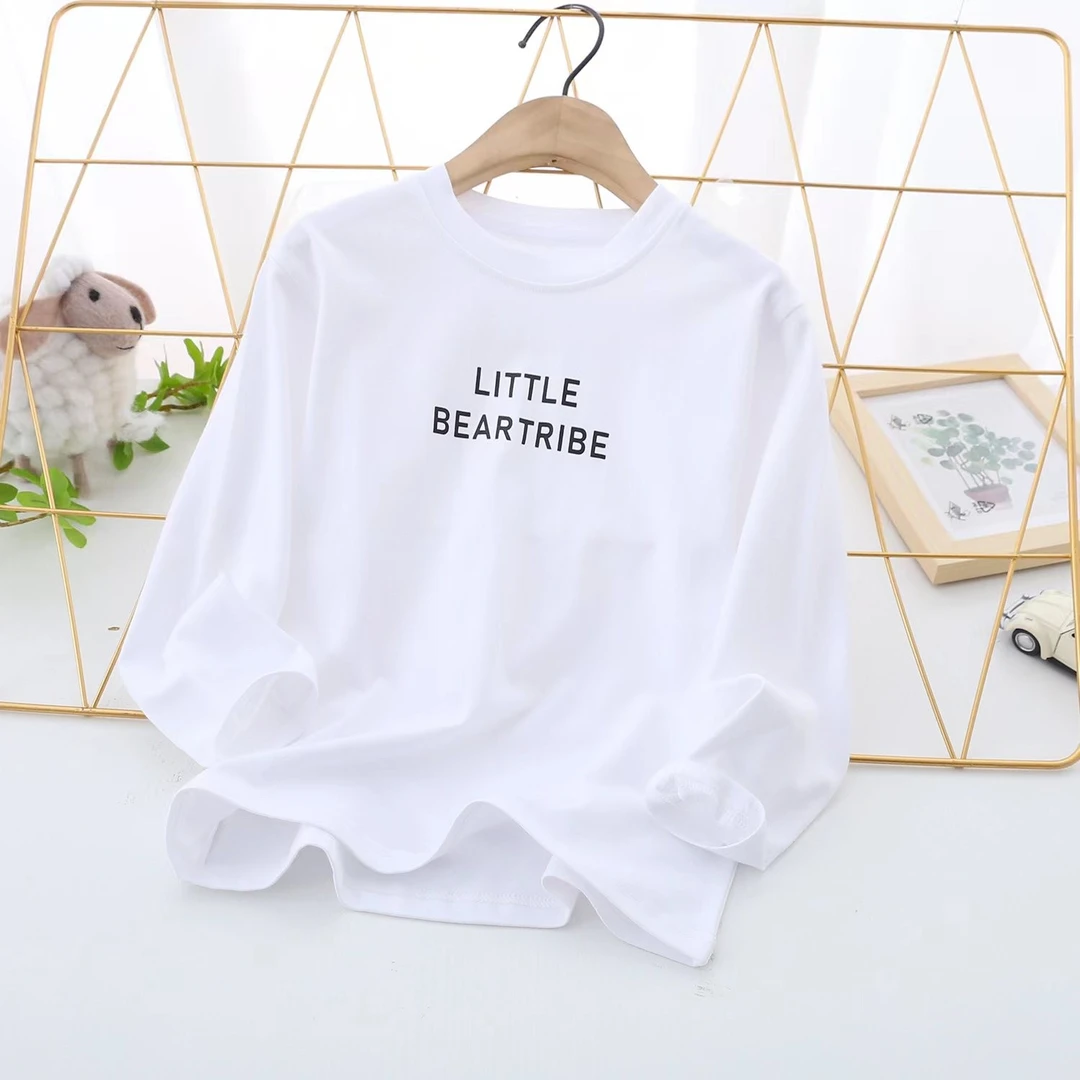 男女童打底T体恤衫长袖纯色宽松白t