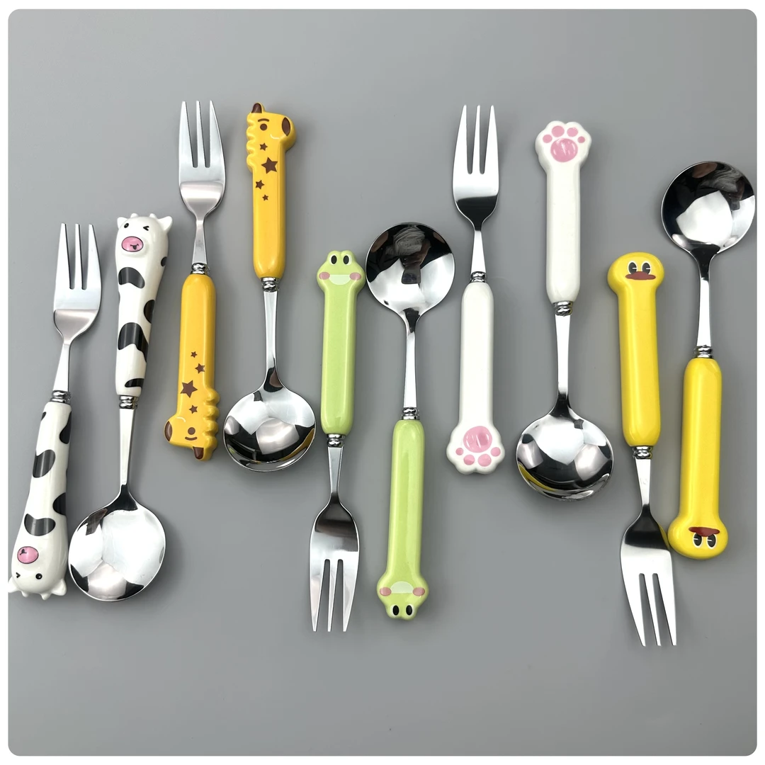 304不锈钢筷子勺子叉子三件套户外便携式学生可爱陶瓷柄新款