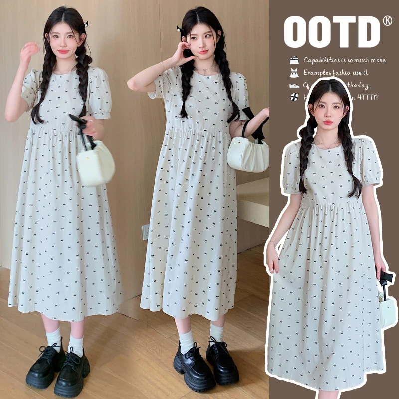 { 十一 }孕妇装2024夏季新款甜美中长款连衣裙蝴蝶结印花连衣裙