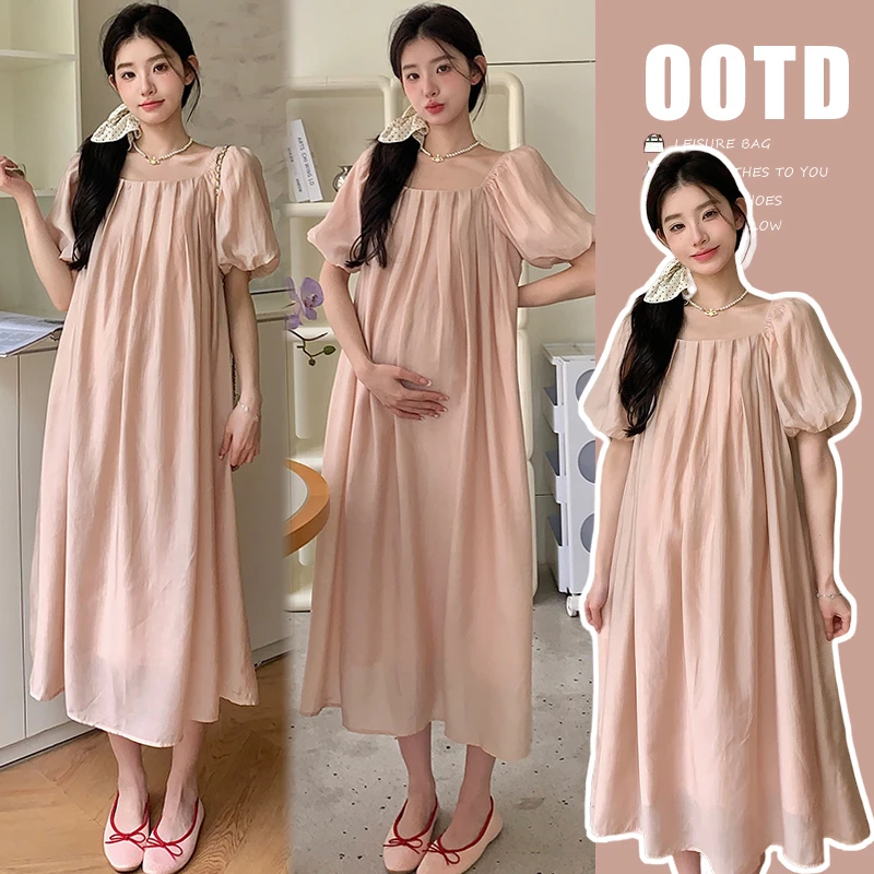 2024夏季新款宽松甜美减龄孕妇法式短袖方领连衣裙