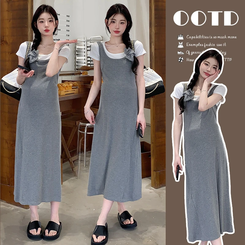 2024夏装新款套装韩版时尚宽松棉上衣+弹力背心裙两件套连衣裙