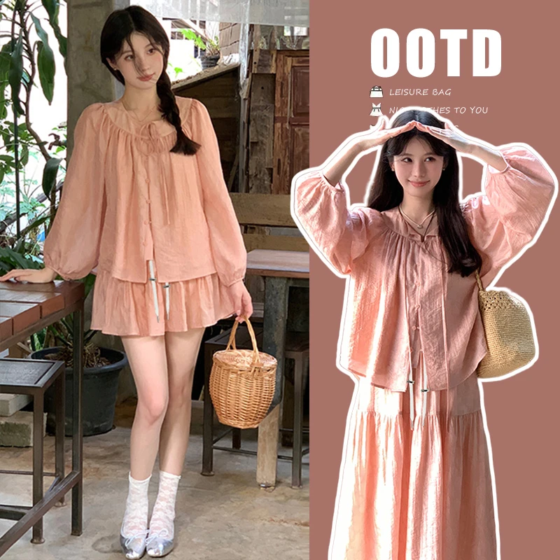 { 十一 }新中式粉色宽松圆领防晒衬衫女小个子孕妇长袖裙子套装