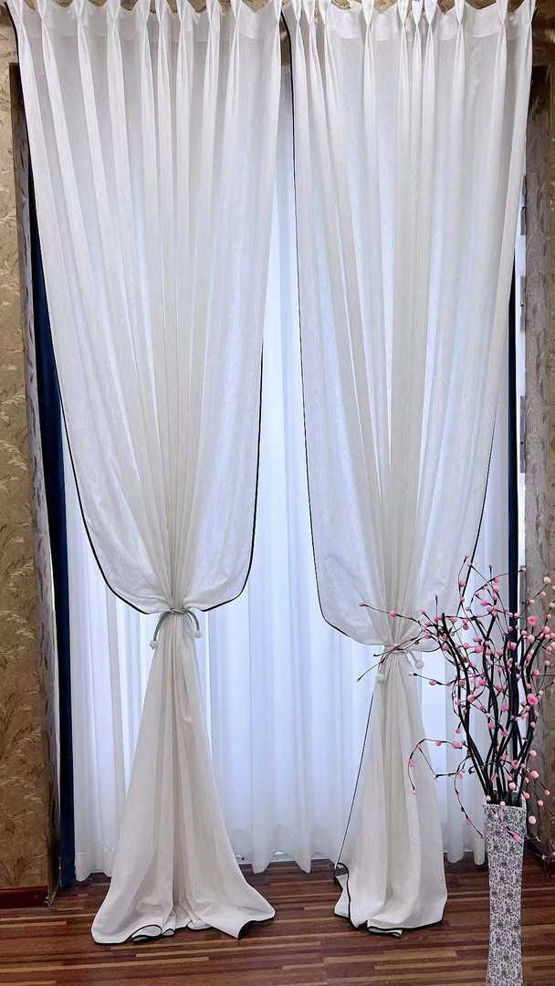 原木风麻纱奶油色窗帘