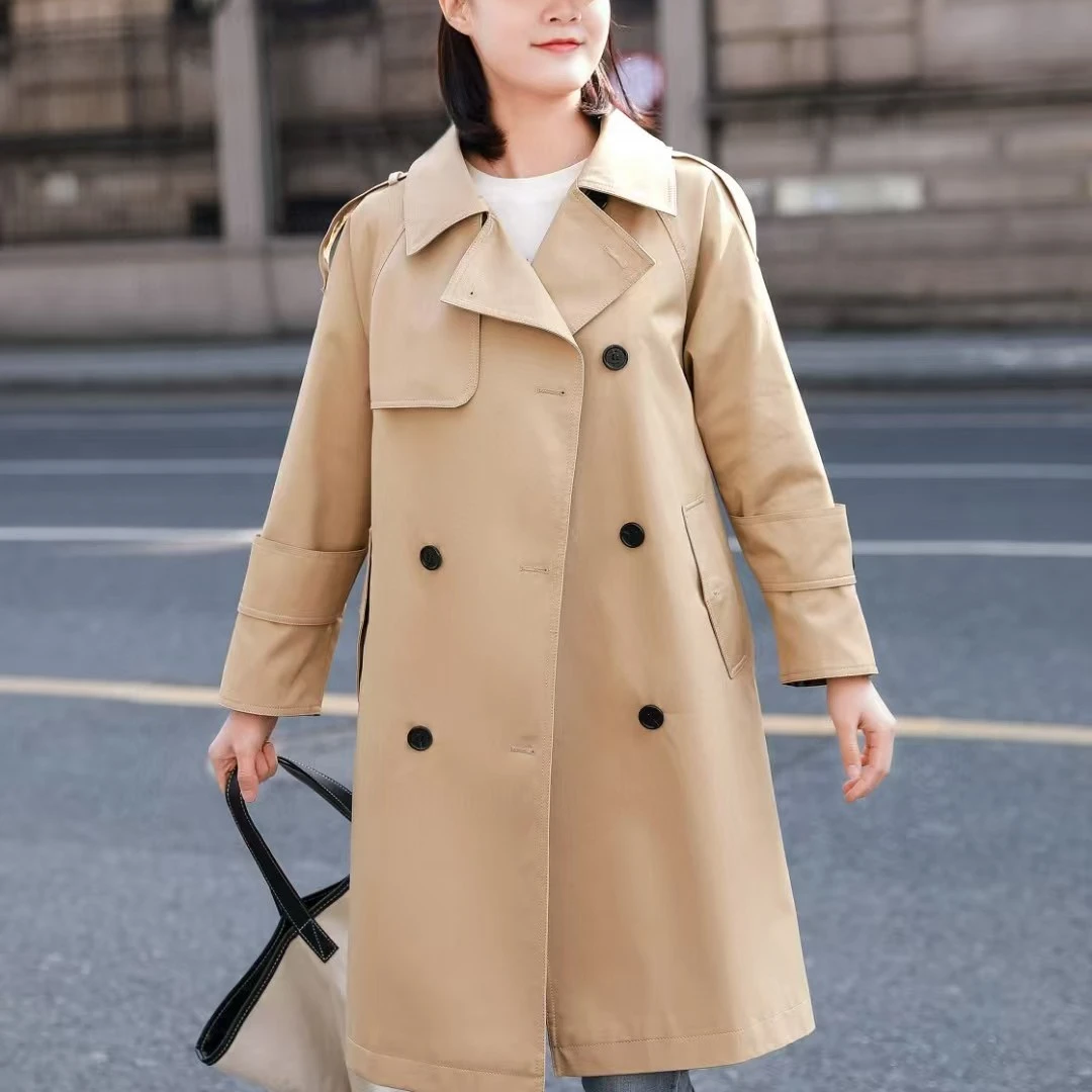 8911 秋冬新款英伦风休闲百搭双排扣风衣外套女