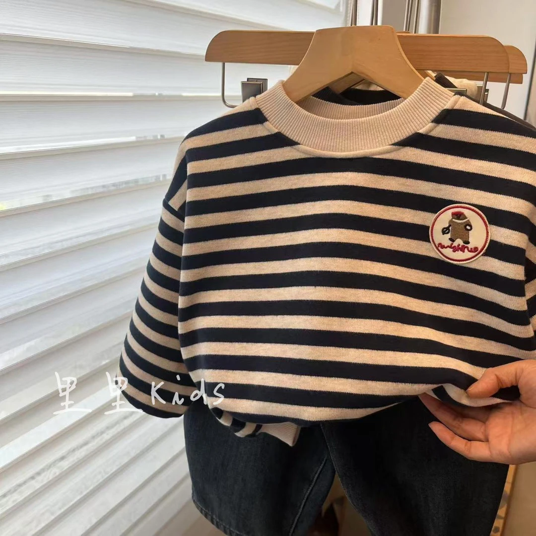 秋冬！好看款！韩国男女童贴标圆领加绒卫衣儿童宽松条纹洋气上衣
