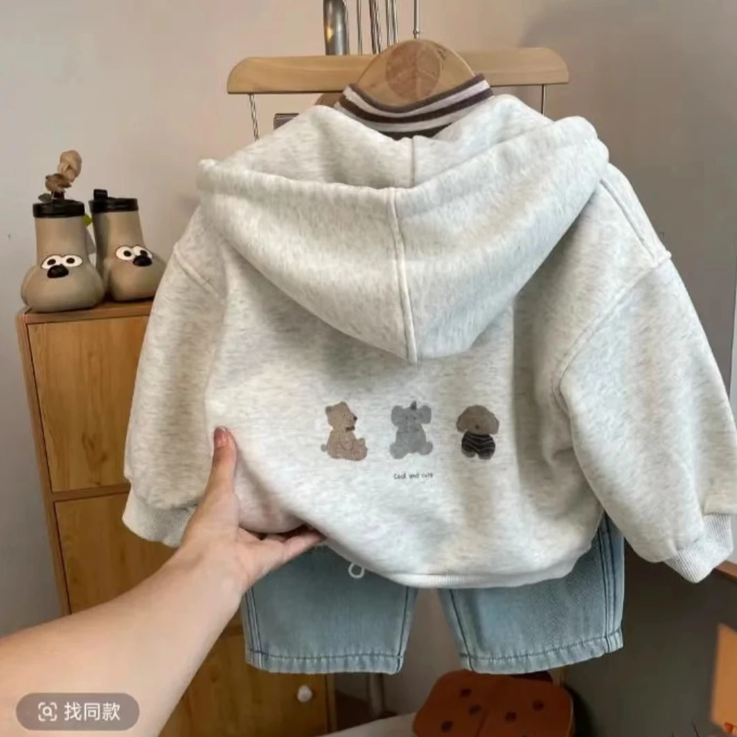 韩版加绒百搭~男女童洋气小熊印花拉链连帽外套儿童上衣