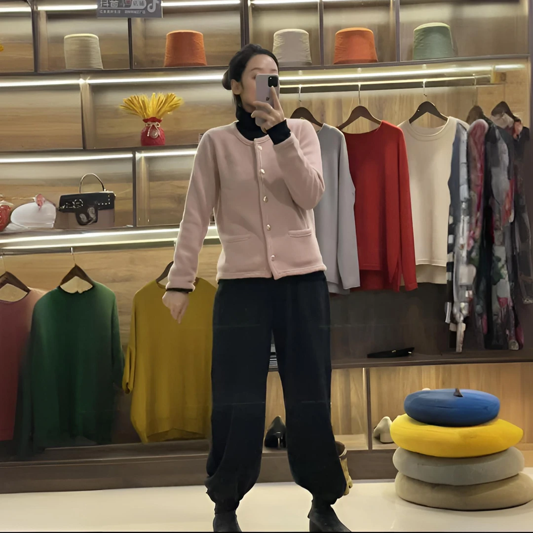 【小香风】100纯山羊绒气质圆领开衫  长袖针织衫  加厚女士