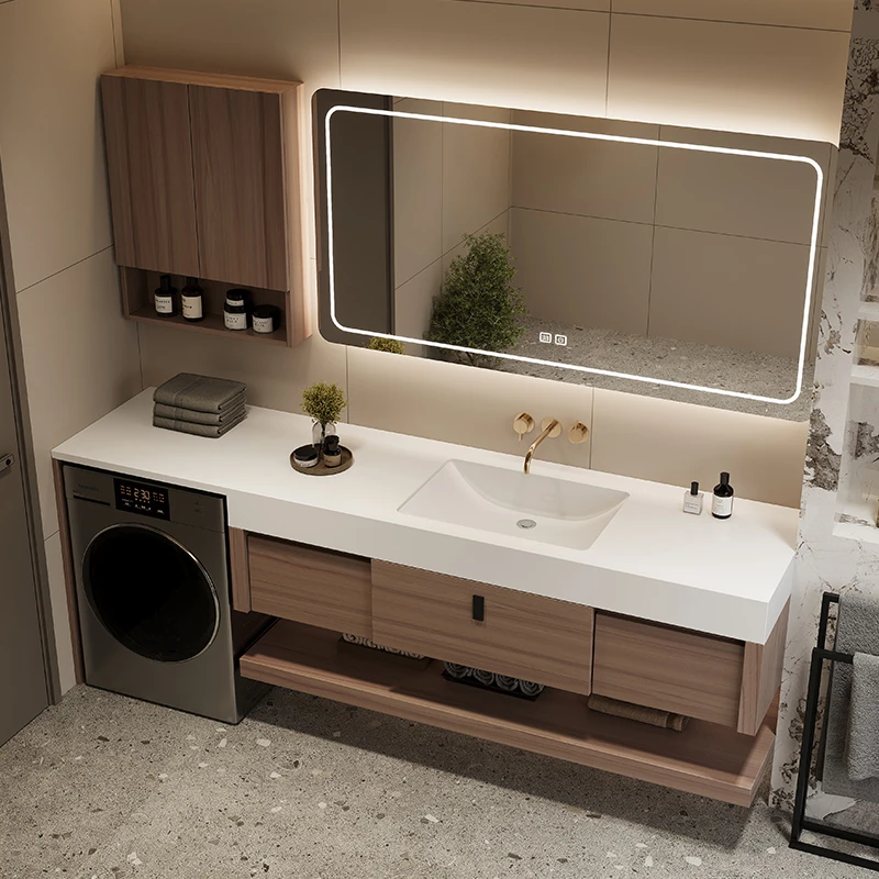 酒店风岩板无缝陶瓷盆阳台洗衣机一体盆组合浴室柜洗手台洗脸盆柜