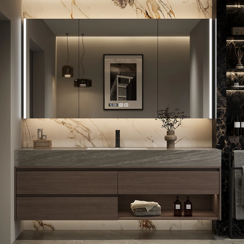 2024新款岩板无缝陶瓷盆多功能智能浴室柜组合镜面洗脸洗手盆柜