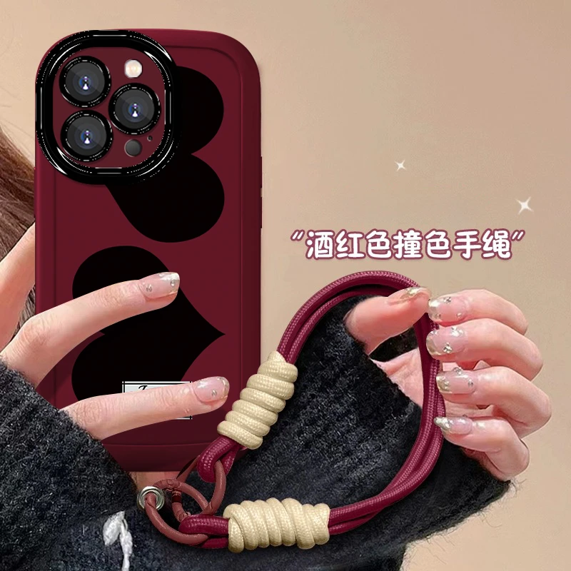 两黑色大爱心适用于苹果15华为防摔OPPO女款VIVO硅胶酒红色手机壳