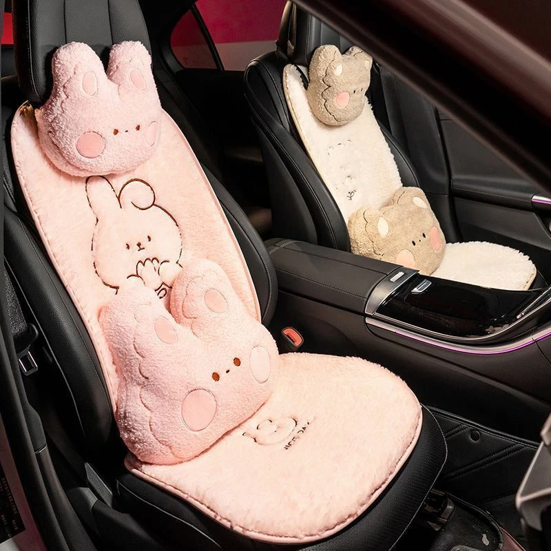 2025情侣秋冬毛绒汽车五座通用坐垫可爱小兔保暖座垫舒适防滑头枕