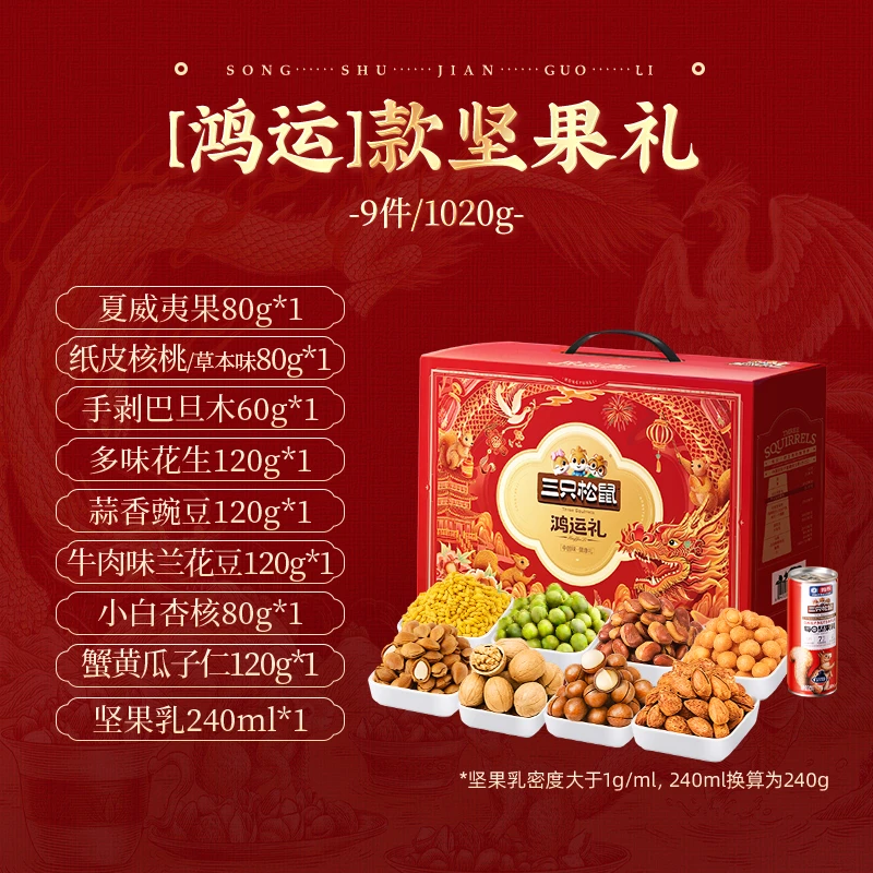 大客户直接拍【到手10箱】三只松鼠鸿运礼盒1020g年货送礼坚果9件MJ