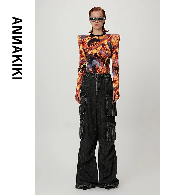 ANNAKIKI 火焰印花翘肩T恤套头上衣 3B40205329A