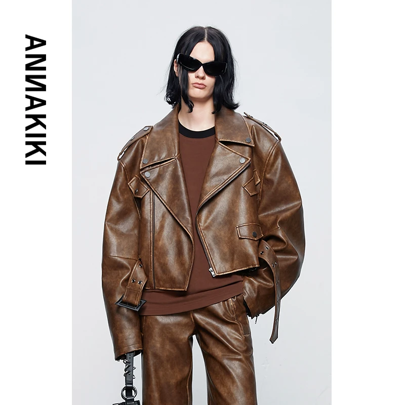 ANNAKIKI 机车洗水皮夹棉外套 3D4A0614H825