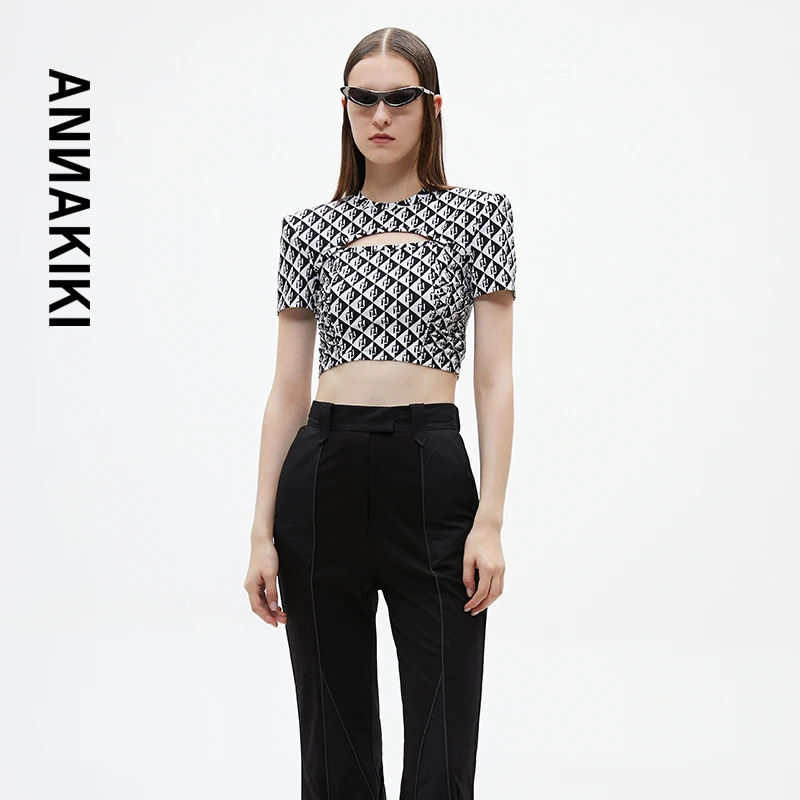 ANNAKIKI LOGO印花弧形拼接短上衣  3B20204486A