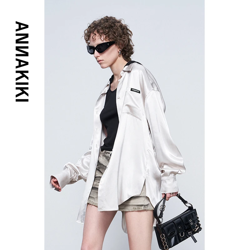 ANNAKIKI 人丝缎面Logo绣花衬衫 3D3B0308H208A