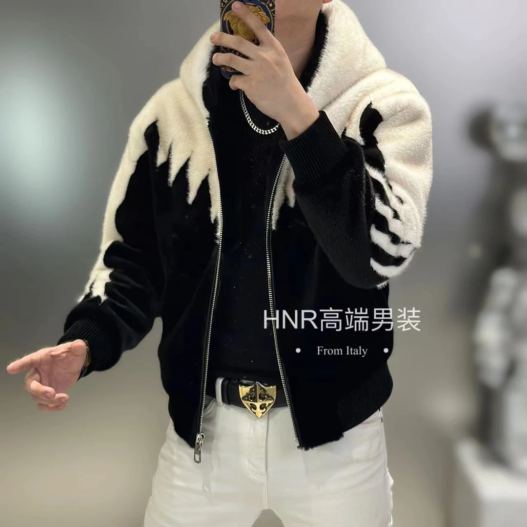 绵羊皮拼接经典毛毛新款高端男士轻奢时尚潮流休闲百搭连帽夹克
