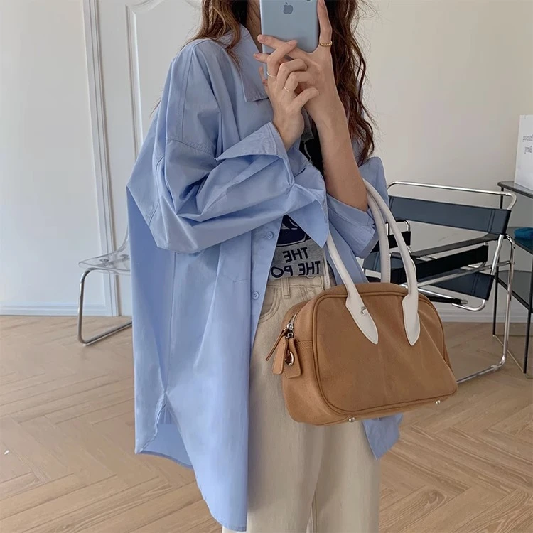 蓝色衬衫女设计感小众法式洋气上衣慵懒风长袖百搭衬衣外套防晒衫