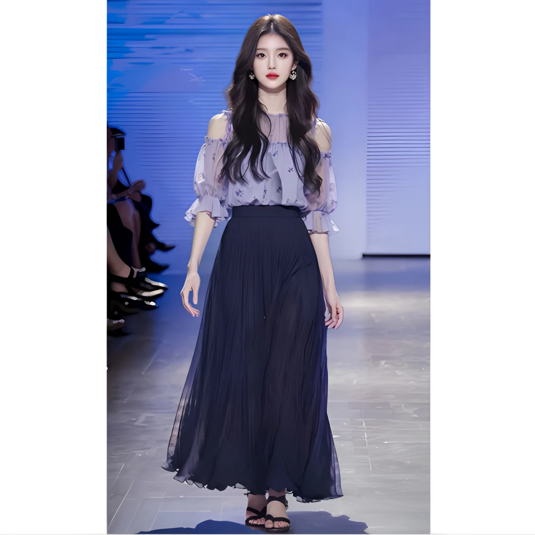 法式高级感别致上衣紫色露肩碎花短袖衬衫女装夏季显瘦半身裙套装