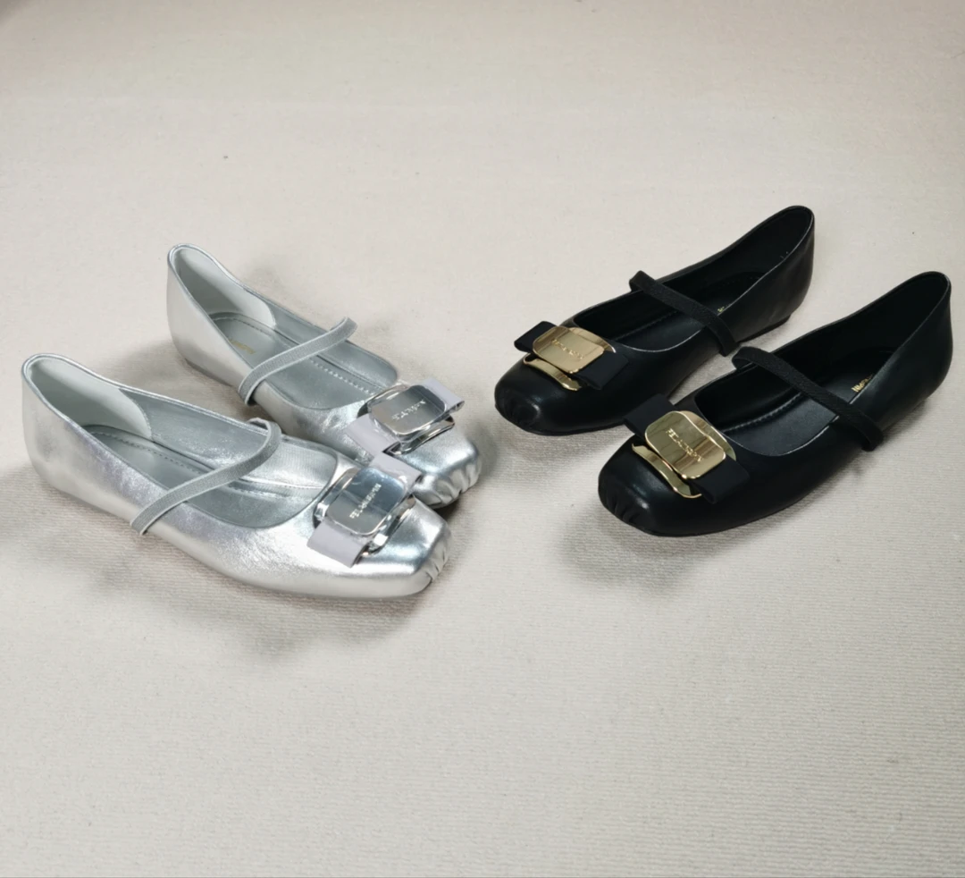 2024年新款银色方头蝴蝶结一字带芭蕾舞鞋  软底单鞋平底1cm百搭