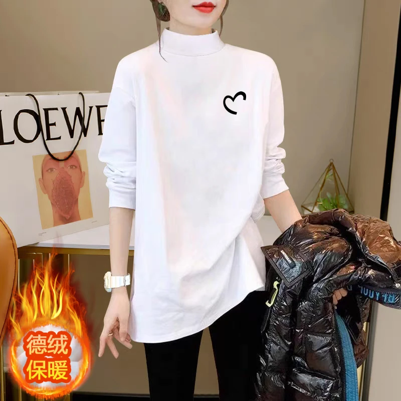 半高领德绒中长款白色打底衫女秋冬保暖磨毛遮屁股长袖宽松t恤潮