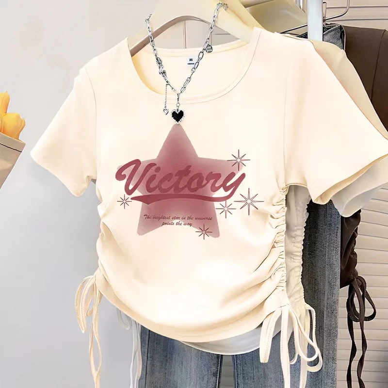 女童2025新款短袖短款上衣夏季韩版短款T恤中大童百搭洋气抽绳潮T