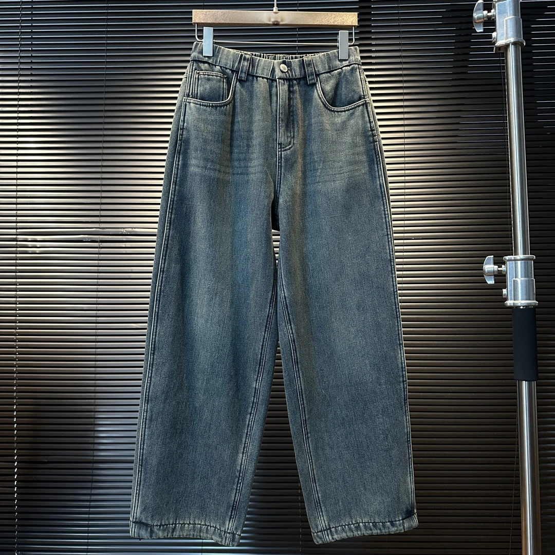 （楠楠）冬季新款加绒加厚个性牛仔长裤松紧腰宽松阔腿荷叶边男女潮