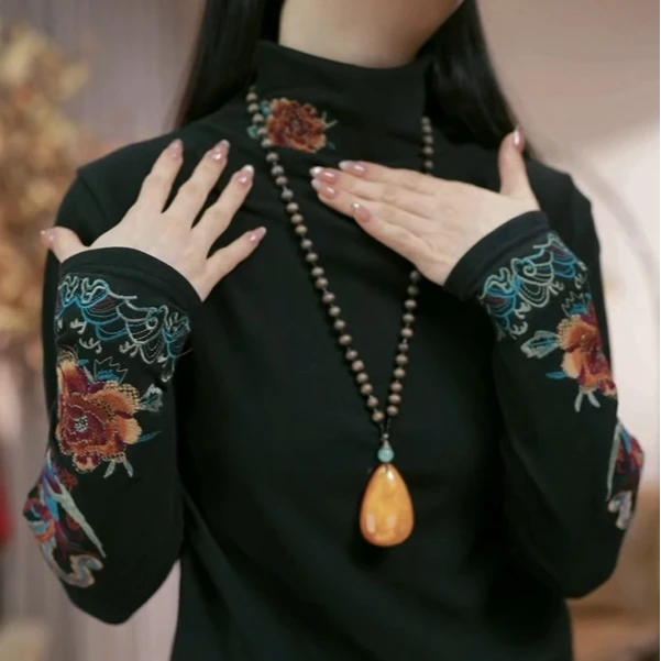 引卷引卷秋冬德绒复古高领打底衫女刺绣凤凰保暖打底衫长袖上衣